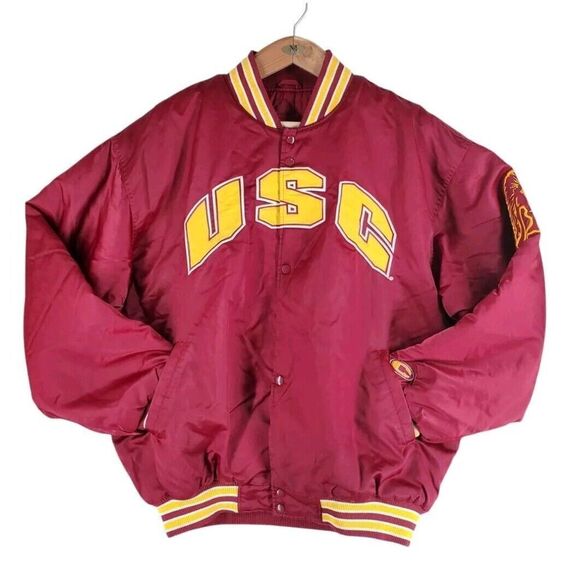 Vtg Colosseum USC Satin Bomber Insulated Varsity Jacket Mens 2XL Red Yellow Logo - Picture 1 of 16
